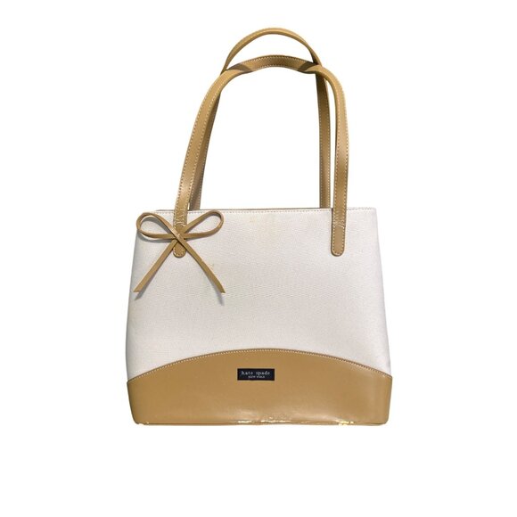 Kate Spade New York Canvas Leather Cream/Tan Tote Bag With Bow Accent - Picture 1 of 6